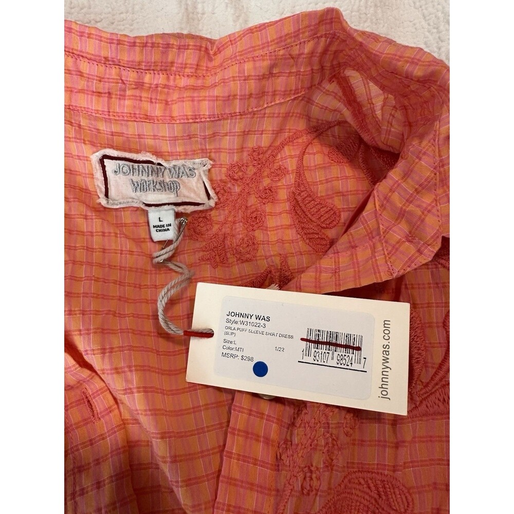 Johnny Was Orla Puff Sleeve Cotton Shirt Dress Midi Pink Orange Embroidered NWT - Picture 5 of 8